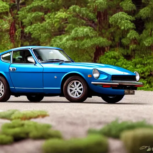 Prompt: a photorealistic image of a blue 1975 Datsun 260Z