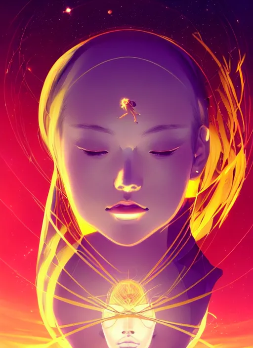 Image similar to a golden woman 2/3 figurative anime portrait, in space, head breaking apart and spiraling geometry into the sky upwards into another dimension, lazer light beaming down to top of her head, by james jean, artgerm, featured in artstation, elegant, Moebius, Greg rutkowski