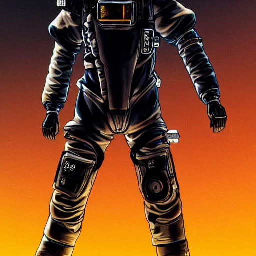 Image similar to cyberpunk japanese man with long limbs and a black spacesuit on a spacewalk, techwear, Industrial Scifi, detailed illustration, character portrait, by Martin Grip and Moebius