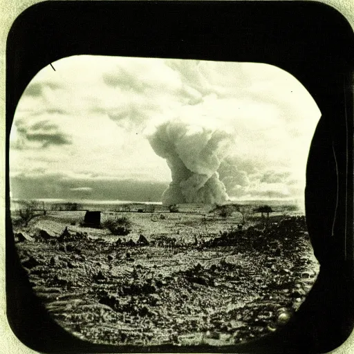 Image similar to a photo taken from inside of a trench showing a nuclear explosion in the distance, you can see the explosion's shockwave in the clouds, realistic, taken on a ww 2 camera.