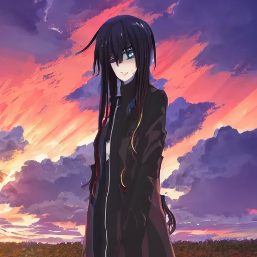 Prompt: 1 7 - year - old anime goth girl, black hair, long bob cut, long bangs, gothic coat, golden hour, partly cloudy sky, red clouds, orange sky, old town, strong lighting, strong shadows, vivid hues, ultra - realistic, sharp details, subsurface scattering, intricate details, hd anime, 2 0 1 9 anime