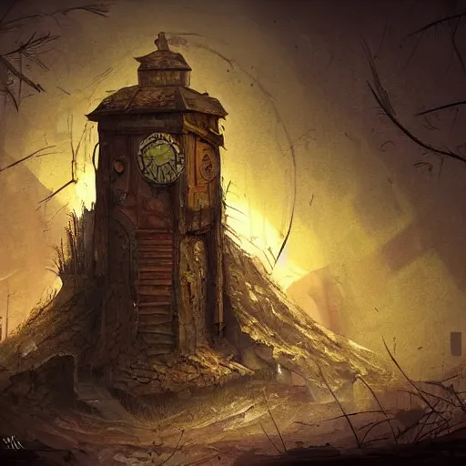 Image similar to an abandoned old,rusty, claimed by nature clock tower in a dark enormous cave, painting, illustration, Concept art, art station, DeviantArt