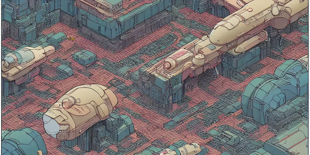 Prompt: a mile above a cybernetic landscape. isometric perspective. science fiction art. alien world. moebius