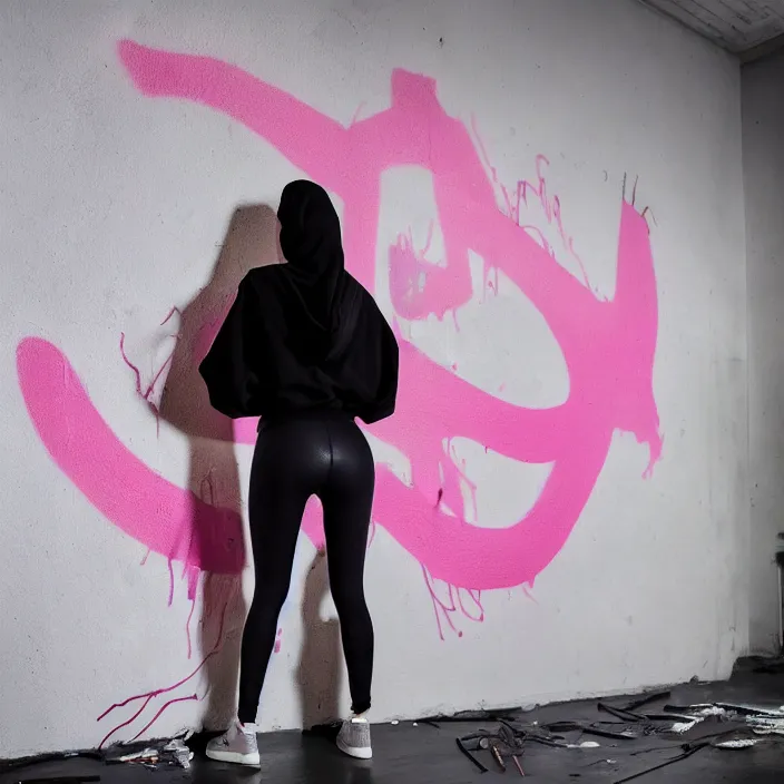 Image similar to kim kardashian doing graffiti mural in a derelict room, dust mist, rear-shot, pov from behind, very skin tight white leggings with a pink hoody with hood up, mold, intricate, epic lighting, cinematic composition, hyper realistic, 8k resolution, unreal engine 5