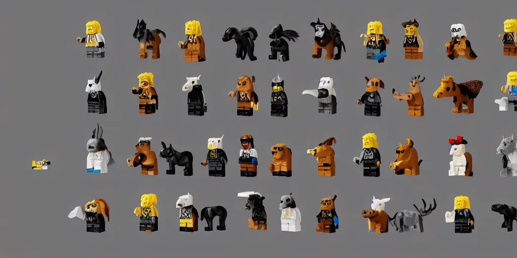 Prompt: animals made of lego bricks, four legged, quadrupedal, cute looking, kawaii, sharp focus, character sheet, game concept art