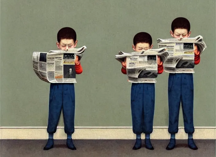 Image similar to a very boring day in school, kids wearing identical clothes reading newspapers, painting by quint buchholz and ray caesar, muted colors, gray, dull, boring, low energy, pale blue faces, very detailed