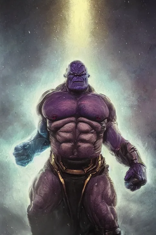 Image similar to characters portrait of Darkseid mixed with Thanos by Alyssa Monks, full-shot, merged character, Full body shot, cinematic opening shot, 4k, highly detailed, cinematic lighting