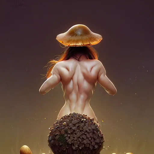 Image similar to long shot photo of a mushroom sprouting from a cow's back, highly detailed, digital painting, artstation, smooth, sharp focus, illustration, art by artgerm and greg rutkowski and alphonse mucha