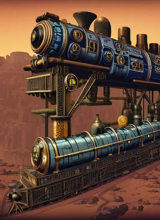 Image similar to a steampunk train by paolo eleuteri serpieri and tomer hanuka and chesley bonestell and daniel merriam and tomokazu matsuyama, unreal engine, high resolution render, featured on artstation, octane, 8 k, highly intricate details, vivid colors, vector illustration