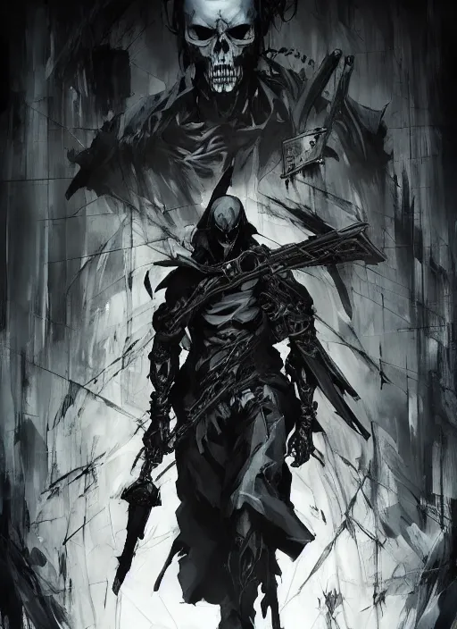 Image similar to Grim Reaper, god of rot. In style of Yoji Shinkawa and Hyung-tae Kim, trending on ArtStation, dark fantasy, great composition, concept art, highly detailed, dynamic pose.