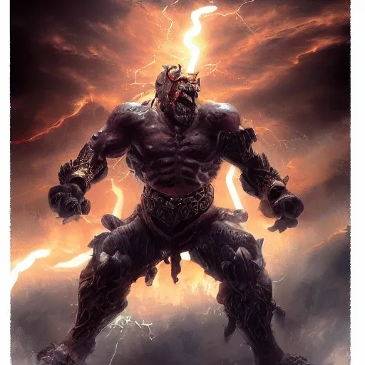 Prompt: Powerful!!!! big headed warrior screaming, lightning, fire, fantasy art, artstation