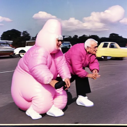 Prompt: a martin parr photo of a grandpa couple, wearing michelin man white body costumes, going super fast on a pink pig, 1 9 7 0 s kodachrome colour photo, flash on camera, w 1 0 2 4