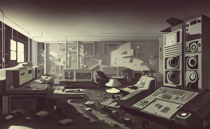 Prompt: Interior shot of a futuristic brutalist studio apartment with computers by Petros Afshar and Beeple, James Gilleard, Mark Ryden, Wolfgang Lettl highly detailed