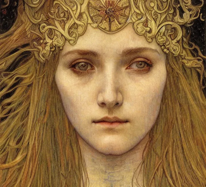 Image similar to detailed realistic beautiful young medieval queen face portrait by jean delville, alphonse mucha, vincent van gogh, and marco mazzoni, art nouveau, symbolist, visionary, gothic, pre - raphaelite