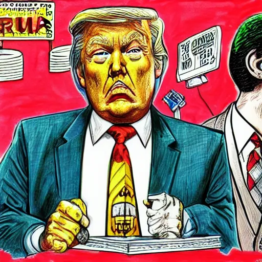 Image similar to !dream The Artwork of R. Crumb and his Cheap Suit Donald Trump and Jared Kushner, pencil and colored marker artwork, trailer-trash lifestyle