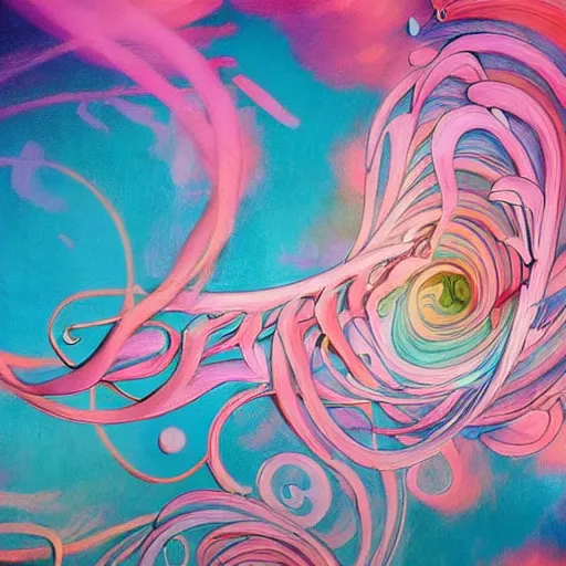 Image similar to a swirl of pastel color with large painting strokes with flowers flying through a blue and pink sky 3 d art abstract, art nouveau 3 d, baroque, expressionism, illustration, lowbrow, manga, pop