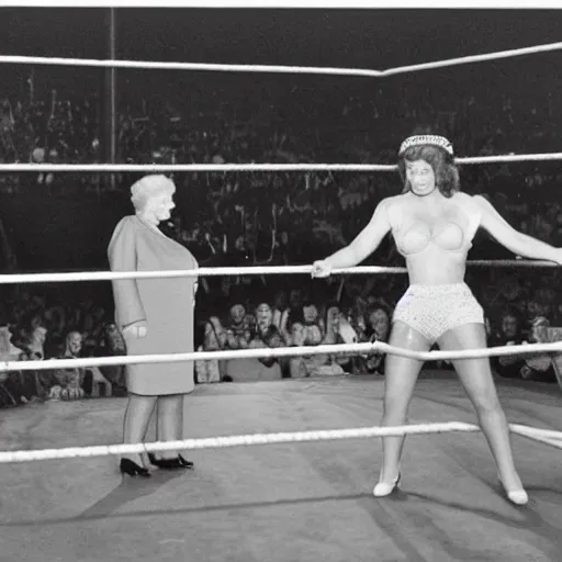 Image similar to queen elizabeth ii fighting in a wwe wrestling ring