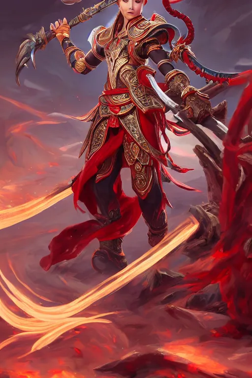 Prompt: a masterpiece portrait of nezha, legendary slim male god holding spear and red armor, bomb, fantasy character portrait, hyper detailed, digital painting, 8 k realistic, trending on artstation, sharp focus, dof, by fenghua zhong, artgerm, ne zha from smite, tsuyoshi nagano, flame everywhere