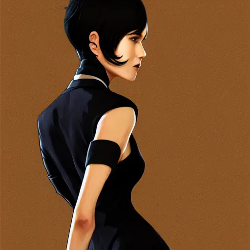 Image similar to slim girl in tuxedo with short black hair, elegant, 2d, ultra highly detailed, digital painting, smooth, sharp focus, artstation, art by Ilya Kuvshinov