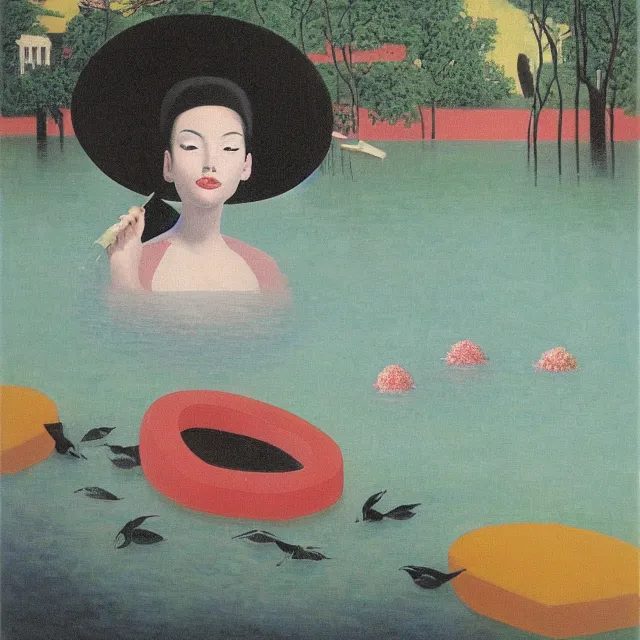 Image similar to painting of flood waters, zen, a tall catgirl art student, a river flooding inside, art supplies, pigs, ikebana, water, river, rapids, waterfall, black swans, canoe, pomegranate, berries dripping, acrylic on canvas, surrealist, by magritte and monet