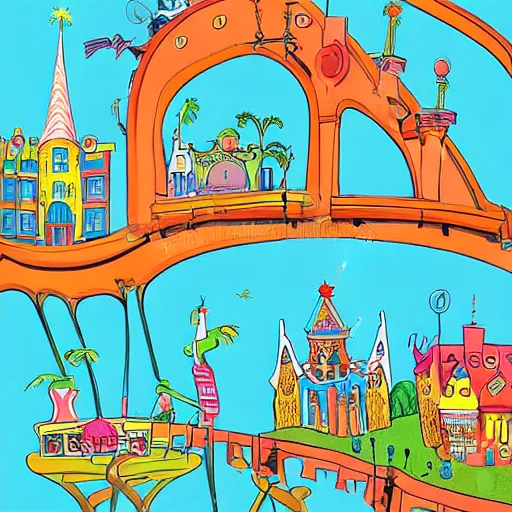 Image similar to fanciful city filled with curvy buildings, by dr seuss, oh the places you'll go, arches, platforms, towers, bridges, stairs, colorful kids book illustration