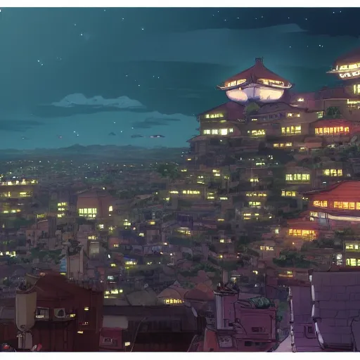 Image similar to a city at night, 4 k, studio ghibli