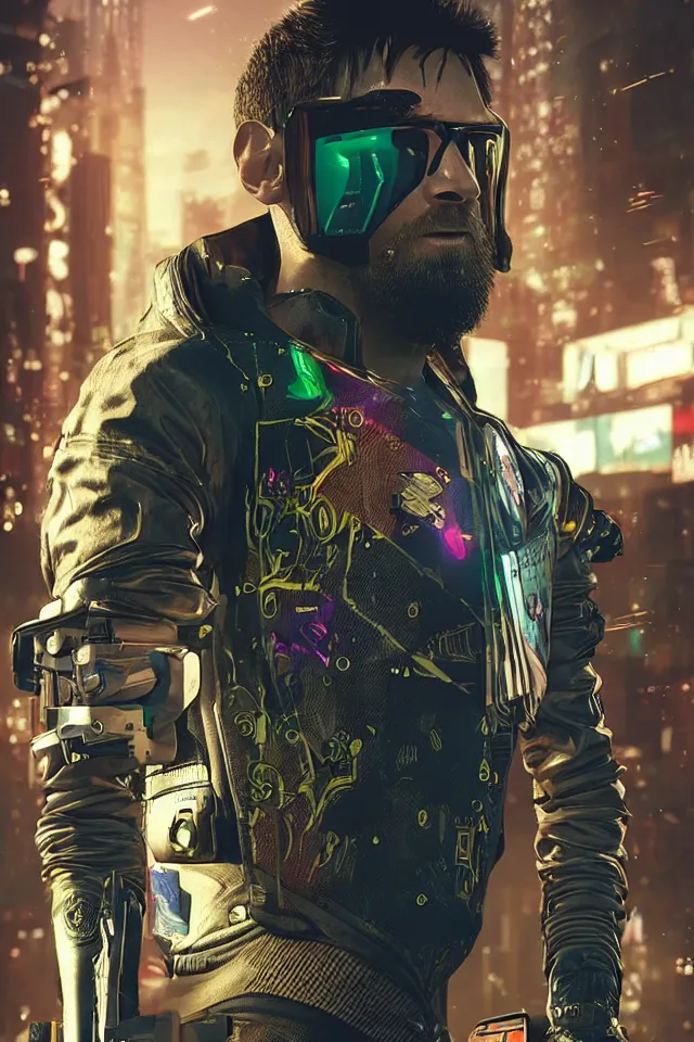 Image similar to Messi as a cyber/cyberpunk 2077/realistic/very detailed/HDR/steampunk