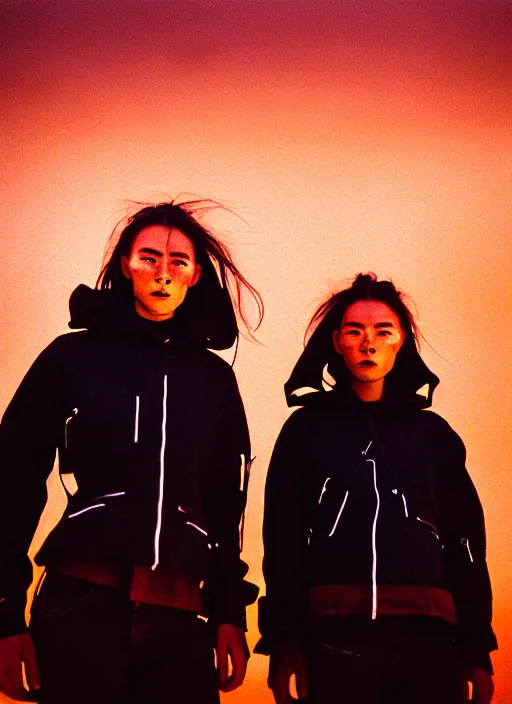 Image similar to cinestill 5 0 d photographic portrait of two loving clones, beautiful women wearing rugged black techwear on a desolate plain with a red sky, extreme closeup, diverse species, cyberpunk style, in front of a brutalist dark metal facility, dust storm, 3 5 mm, 8 k, f / 3 2, high resolution, ultra realistic faces