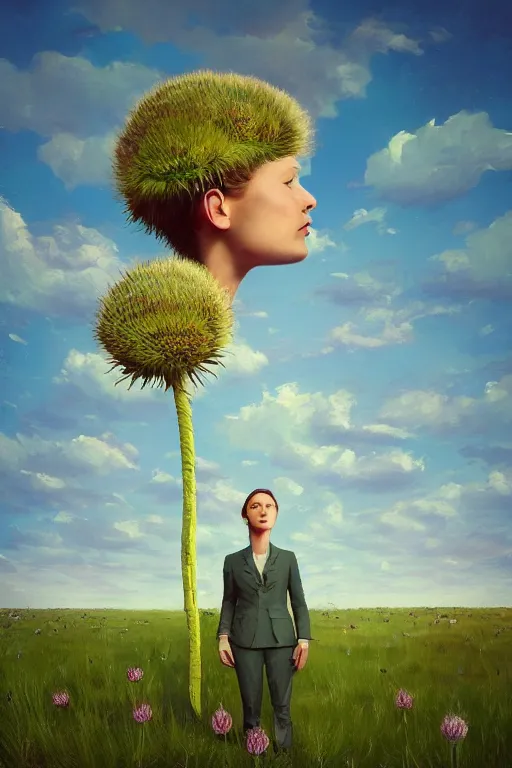 Prompt: portrait, enormous thistle flower as a head, a girl in a suit in field of flowers, surreal photography, sunrise, blue sky, dramatic light, impressionist painting, digital painting, artstation, simon stalenhag