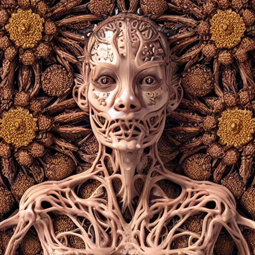 Image similar to beatifull frontal face portrait of a woman, 150 mm, anatomical, flesh, flowers, mandelbrot fractal, facial muscles, veins, arteries, symmetric, intricate, golden ratio, full frame, microscopic, elegant, highly detailed, ornate, ornament, sculpture, elegant , luxury, beautifully lit, ray trace, octane render in the style of peter Gric , alex grey and Romero Ressendi