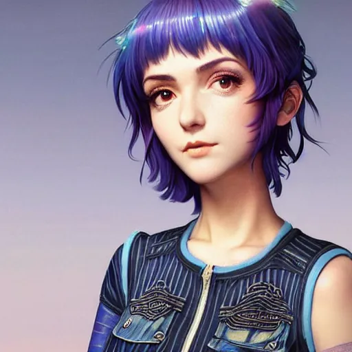 Prompt: a beautiful ramona flowers with head tilted back, focus close on eyes realistic skin texture, eighties holographic art by ilya kuvshinov monet range murata artgerm katsuhiro otomo norman rockwell, highly detailed intricately sharp focus, bedroom eyes trending on pinterest vogue italia unreal engine 5, 4 k uhd image