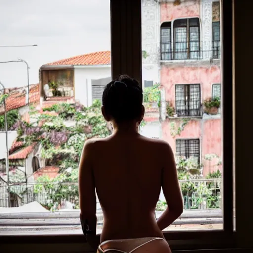 Prompt: a Brazilian female elegant body with a tattoo of a lotus flower on her back, is standing by the window at a hotel in Lisbon