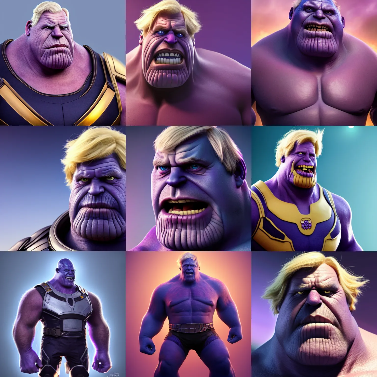 Prompt: a full character portrait of boris johnson as thanos, the pixar adaptation, with same hairstyle, hyper detailed, digital art, trending in artstation, cinematic lighting, studio quality, smooth render, unreal engine 5 rendered, octane rendered