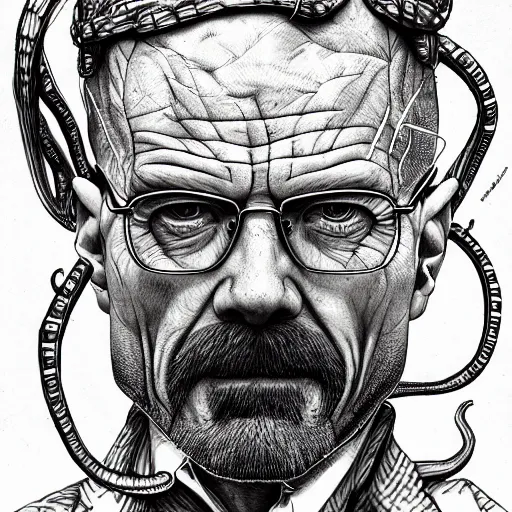 Image similar to Walter White as a Lovecraftian monster, detailed, portrait, intricate, illustration, ink drawing by Kim Jung Gi, hyperdetailed, trending on artstation, highly detailed, Aaron Horkey