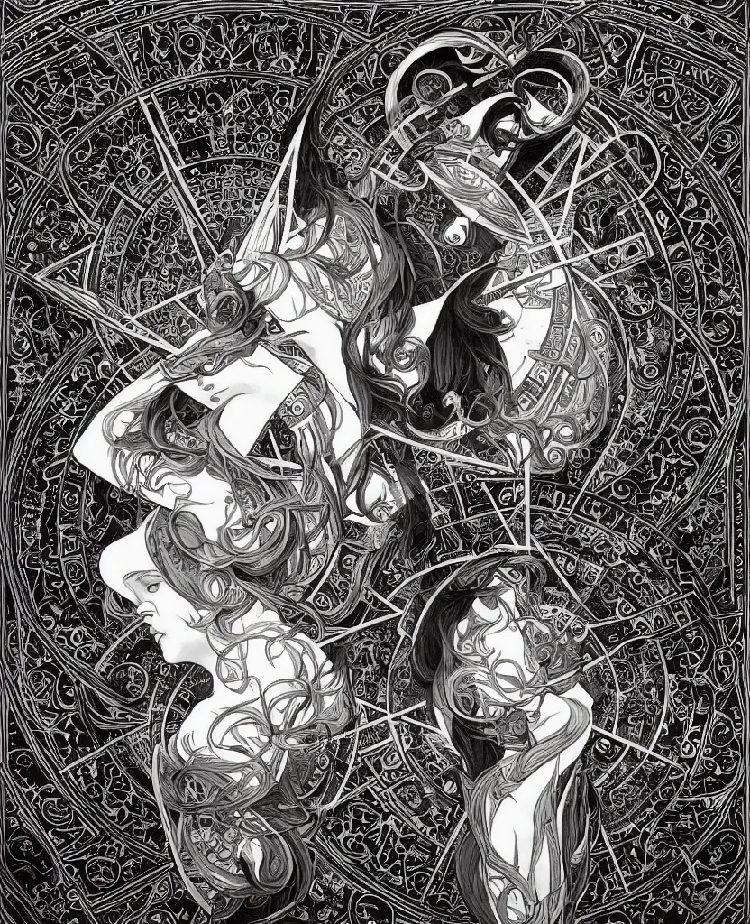 Image similar to black and white illustration of geometrical alchemical glyphs, deep focus, intricate, elegant, highly detailed, pen and ink style, artstation, concept art, matte, sharp focus, art by artgerm and greg rutkowski and alphonse mucha