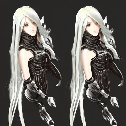 Prompt: realistic full body character design character design of an anime girl with long white hair wearing Elden Ring armor with engraving in the style of Yoji Shinkawa, noisy film grain effect, highly detailed, Renaissance oil painting, weird portrait angle, blurred lost edges, three quarter view