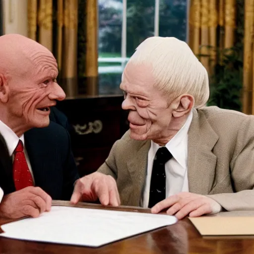 Image similar to president gollum and sauron in an oval office meeting to discuss the one ring