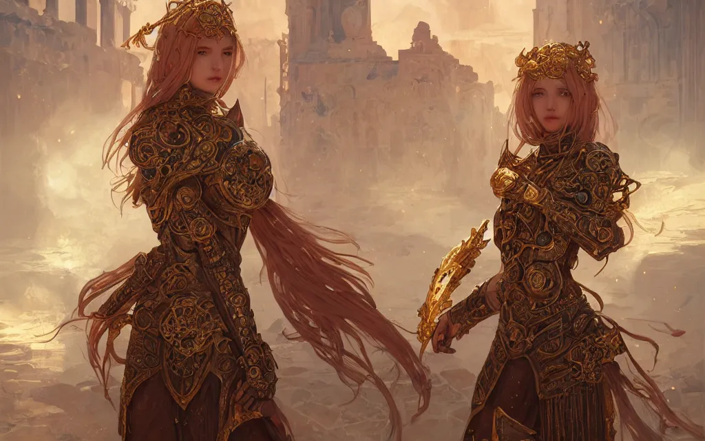 Image similar to portrait knights of zodiac girl, rose golden color armor, in ruined agora of athens, ssci - fi and fantasy, intricate and very very beautiful and elegant, highly detailed, digital painting, artstation, concept art, frostbite engine, smooth and sharp focus, illustration, art by tian zi and wlop and alphonse mucha