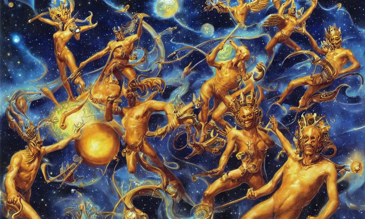 Image similar to sun king and moon boys in the cosmic court of mystical astronomy, art by boris vallejo and manuel sanjulian