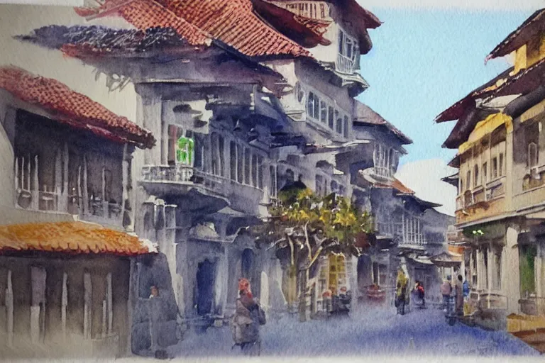 Image similar to !! watercolor!! singapore old city in a sunny day, artwork by tooth wu, colorful contrast,!! very coherent!!, dark shadow, thick lineart