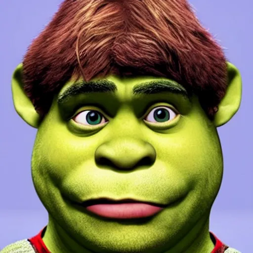 Image similar to Shrek with red eyes, head shot