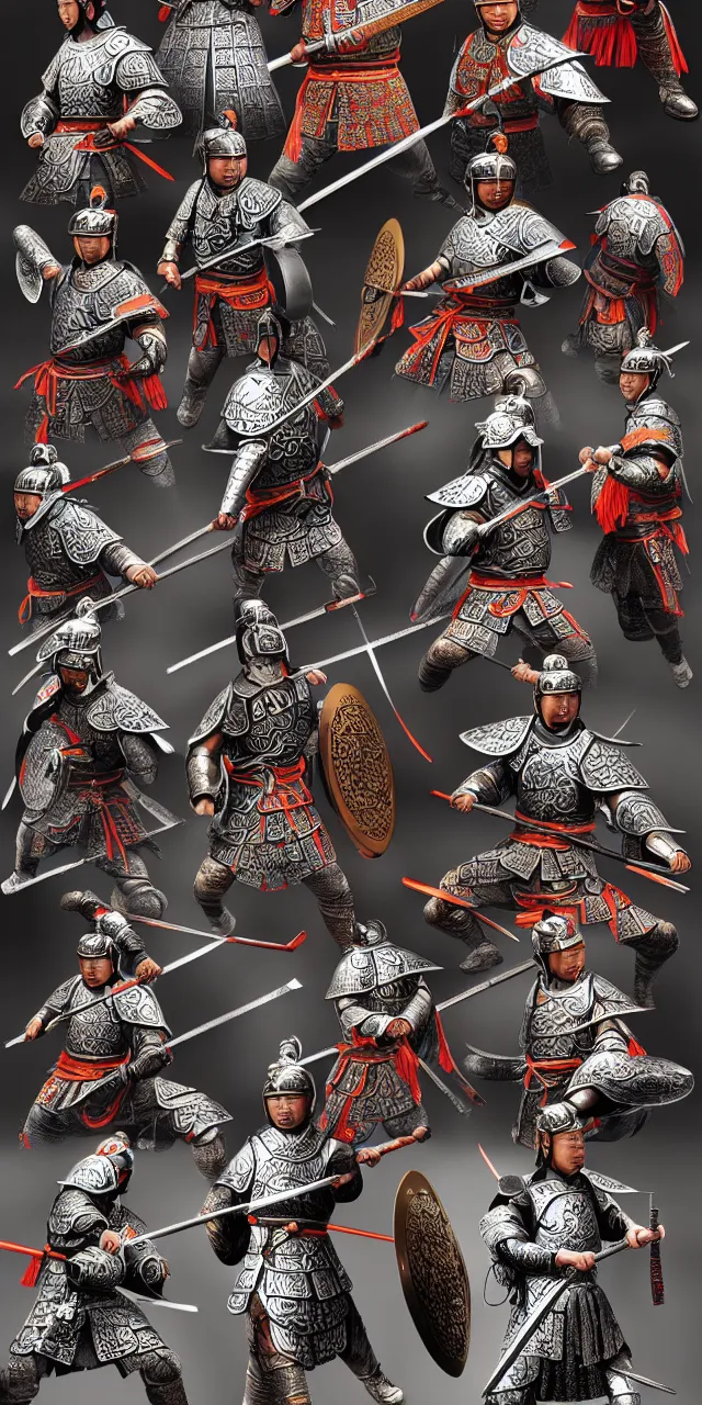 Image similar to detailed photorealistic ancient han chinese warriors soldiers army ⚔ 🪖 ⛩ with traditional chinese engravings and ornamentation on armour and weapons, and shining metallic 3 d surfaces, mandarin calligraphy, traditional chinese war shields and armour, wide angle, 3 d