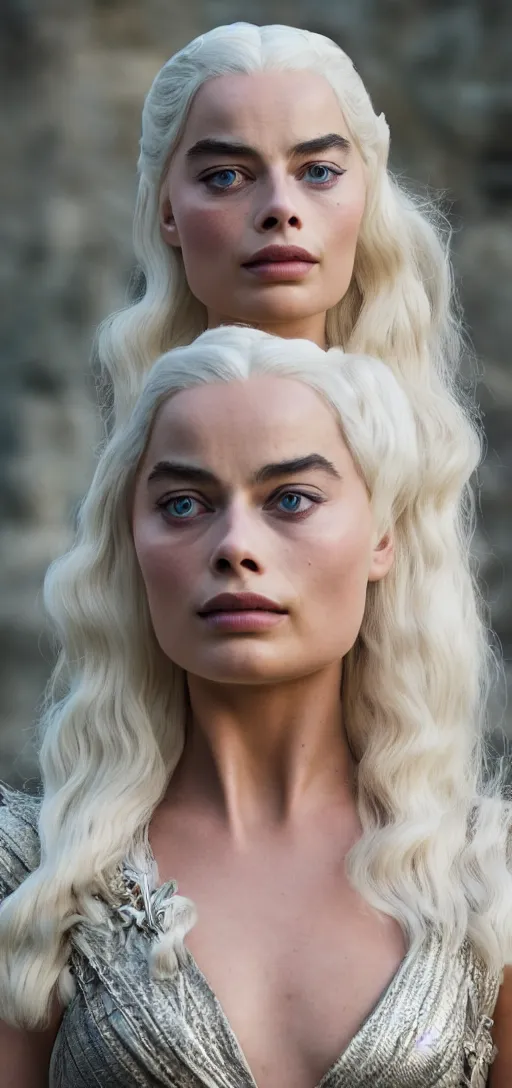 Image similar to Margot Robbie as Daenerys Targaryen, XF IQ4, 150MP, 50mm, F1.4, ISO 200, 1/160s, natural light