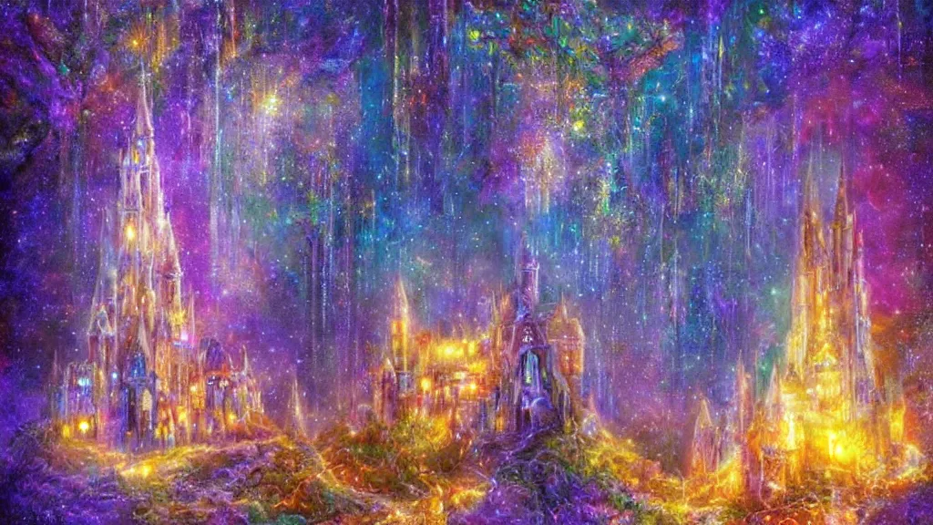 Image similar to a magical crystal castle made of light inspired by gilbert williams enveloped in trails of colorful lights around it. clean painting and auora lighting. dark blue and intense purple color palette, art by gilbert williams