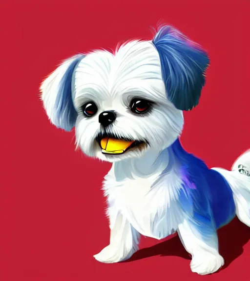 Prompt: small white shihtzu maltese mix dog in nc state stadium smiling full color digital illustration in the style of don bluth, artgerm, artstation trending, 4 k