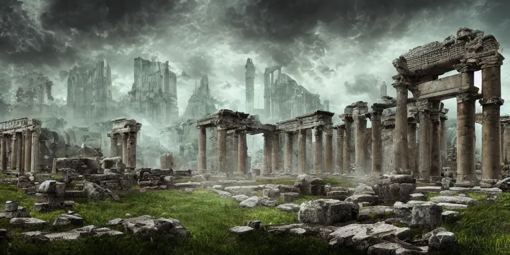 Image similar to ancient ruins, fantasy apocalypse, dystopian, digital art, 4 k