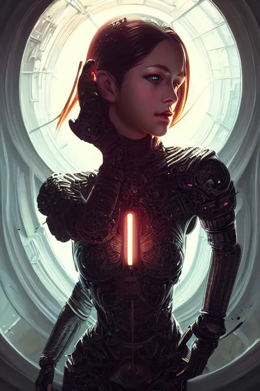 Prompt: beautiful female android in distress!, black shiny eyes, half portrait, background explosion, intricate detailed environment, floro details, intricate, elegant, highly detailed, digital painting, artstation, concept art, smooth, sharp focus, illustration, art by artgerm and greg rutkowski and brian sum,