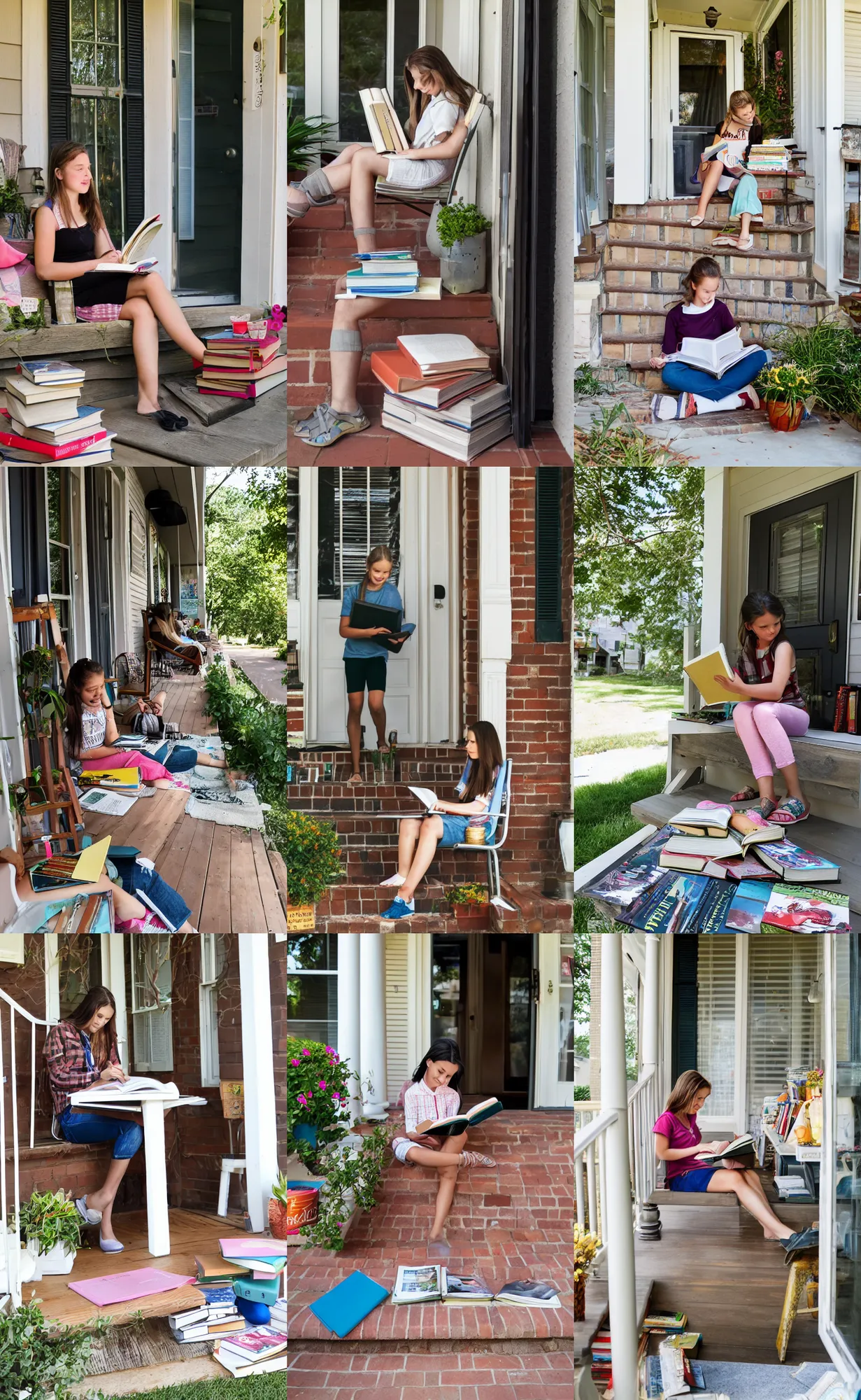 Prompt: girl studying on a front porch, books all over the place
