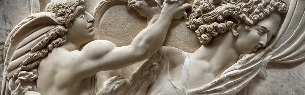 Prompt: high relief greek sculpture of winged amazonian woman, made of plaster stucco, painted, middle eastern, cracked, dirty, low relief rococo style patterns on border, realistic, on a large marble wall, highly detailed, photography, high contrast, masterpiece,