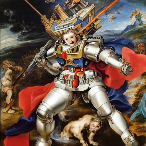 Image similar to peter paul rubens as consequences of wars with mecha gundam invited, random content position, delete duplicate content, photorealistic details content, ultra detailed face structures, incrinate, masterpiece, ultra detailed baroque painting.